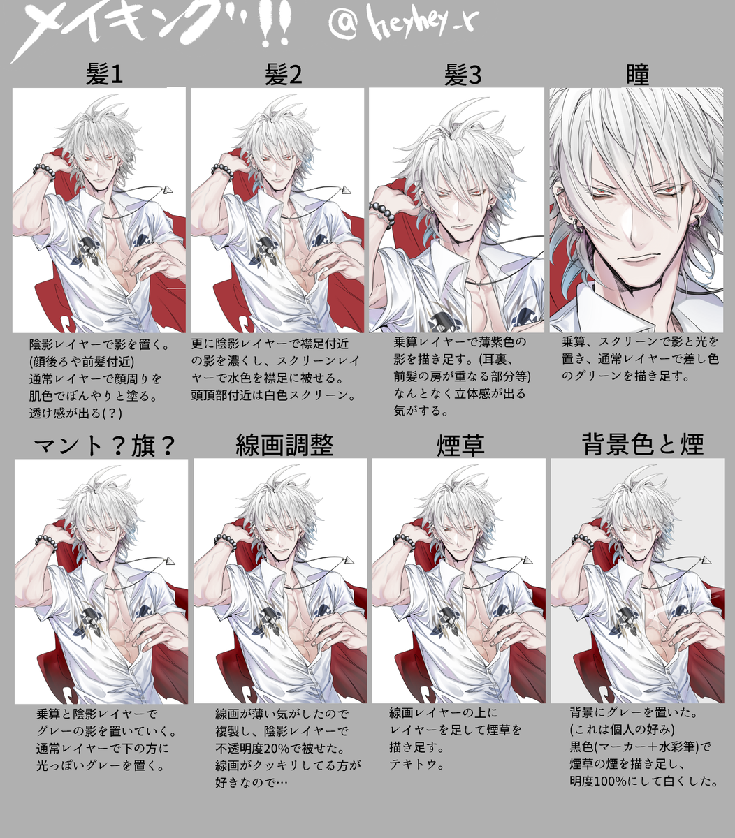 Rh Twitterissa メイキング 左馬刻のイラストメイキング工程をざっと並べてみました 毎度順序や塗り方は変わりますが雰囲気だけでも 字小さくて見えにくいかもです D 全3枚