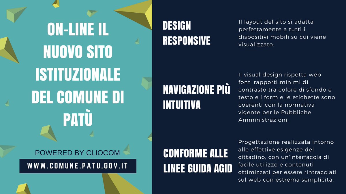Completate le attività di restyling del #sito istituzionale del Comune di #Patù con l'obiettivo di migliorare il dialogo tra cittadino ed Ente e la fruizione delle informazioni e dei servizi on-line: nuova grafica e architettura delle informazioni > comune.patu.gov.it