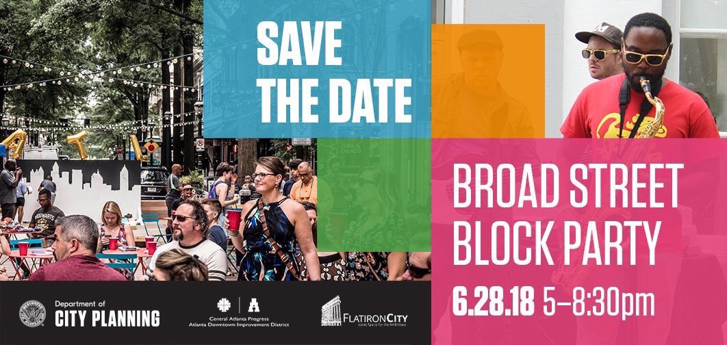 CityofAtlanta's tweet photo. Don't miss out on the Broad Street Block Party this Thursday! Enjoy live music and learn more about the Boardwalk's pilot project design. #DesignBroadSt @ATLPlanning https://t.co/EQvM0TZkGe