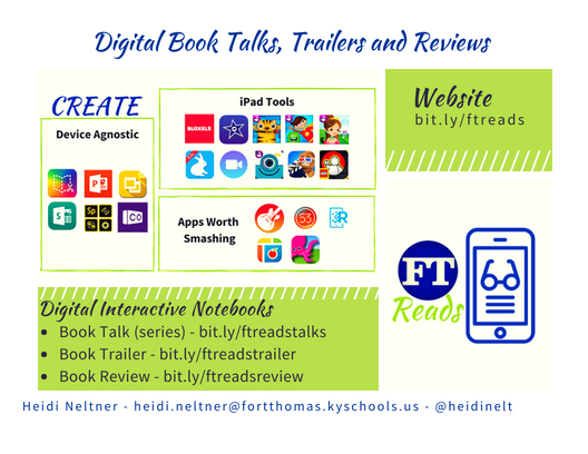 Looking for resources for digital book talks and trailers? In case I was out of handouts in the #istelib playground when you came by, here's the link to the webpage: sites.google.com/fortthomas.kys… #iste18 #tlchat #txlchat #kylchat