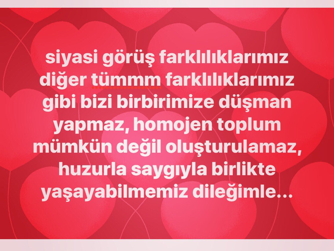siyasi görüş farklılıklarımız diğer tümmm farklılıklarımız gibi bizi birbirimize düşman yapmaz, homojen toplum mümkün değil oluşturulamaz, huzurla saygıyla birlikte yaşayabilmemiz dileğimle...