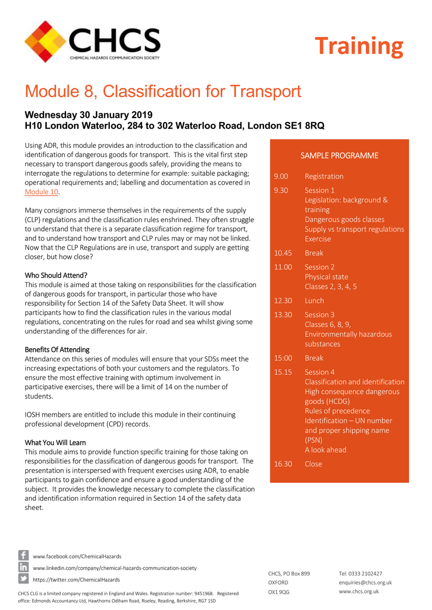 CHCS #Training: #DangerousGoods "Classification For #Transport", London, 30 January 2019. #ADR #TDG #IMDG chcs.org.uk/event-2977038 - Reserve your place early - this course is always in demand.