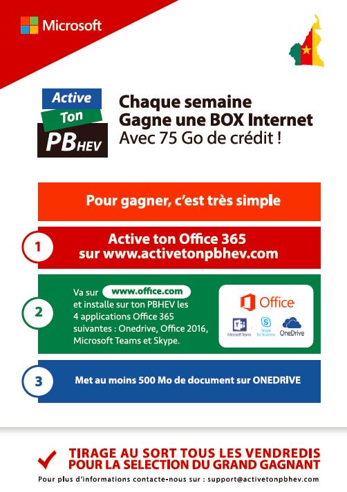 Chaque semaine gagne une box internet avec 75 Go de crédit
Pour gagner: 1Active office 365 sur activetonpbhev.com 
2 va sur office.com et installe #OneDrive #MicrosoftTeams #skype #office2016 
3 met au moins 500 Mo de document sur #OneDrive