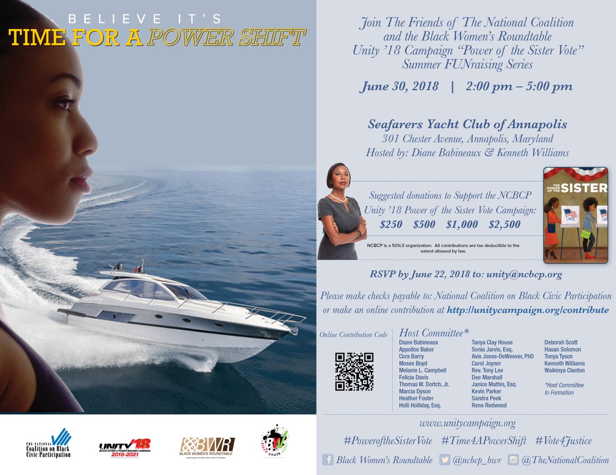 NCBCP's tweet photo. On June 30, 2018 join the friends of the National Coalition and Black Women's Roundtable Unity 18' Campaign "Power of the Sister Vote" Summer FUNraising Series!! #Time4APowerShift #PowerofSisterVote #Vote4Justice #BWR2018 https://t.co/e0642j809q