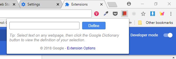 GOOGLE DICTIONARY!!! Saves a lot of time from opening a new tab just for defining a small word, honestly. Don't add another tab to your long list with this extension!!! https://chrome.google.com/webstore/detail/google-dictionary-by-goog/mgijmajocgfcbeboacabfgobmjgjcoja