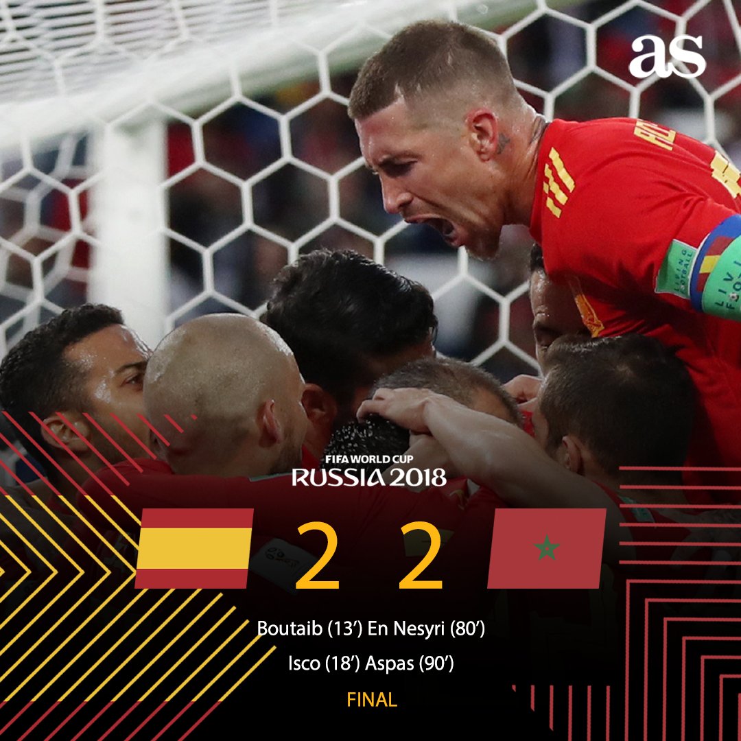 diarioas's tweet image. #ESP 2 - 2 #MAR 
[GRUPO B]

¡Finaaaaaal! A falta de los último minutos del Irán - Portugal, seríamos primeros de grupo

📝 En directo: ow.ly/AVCz50hOGQc              
#Rusia2018