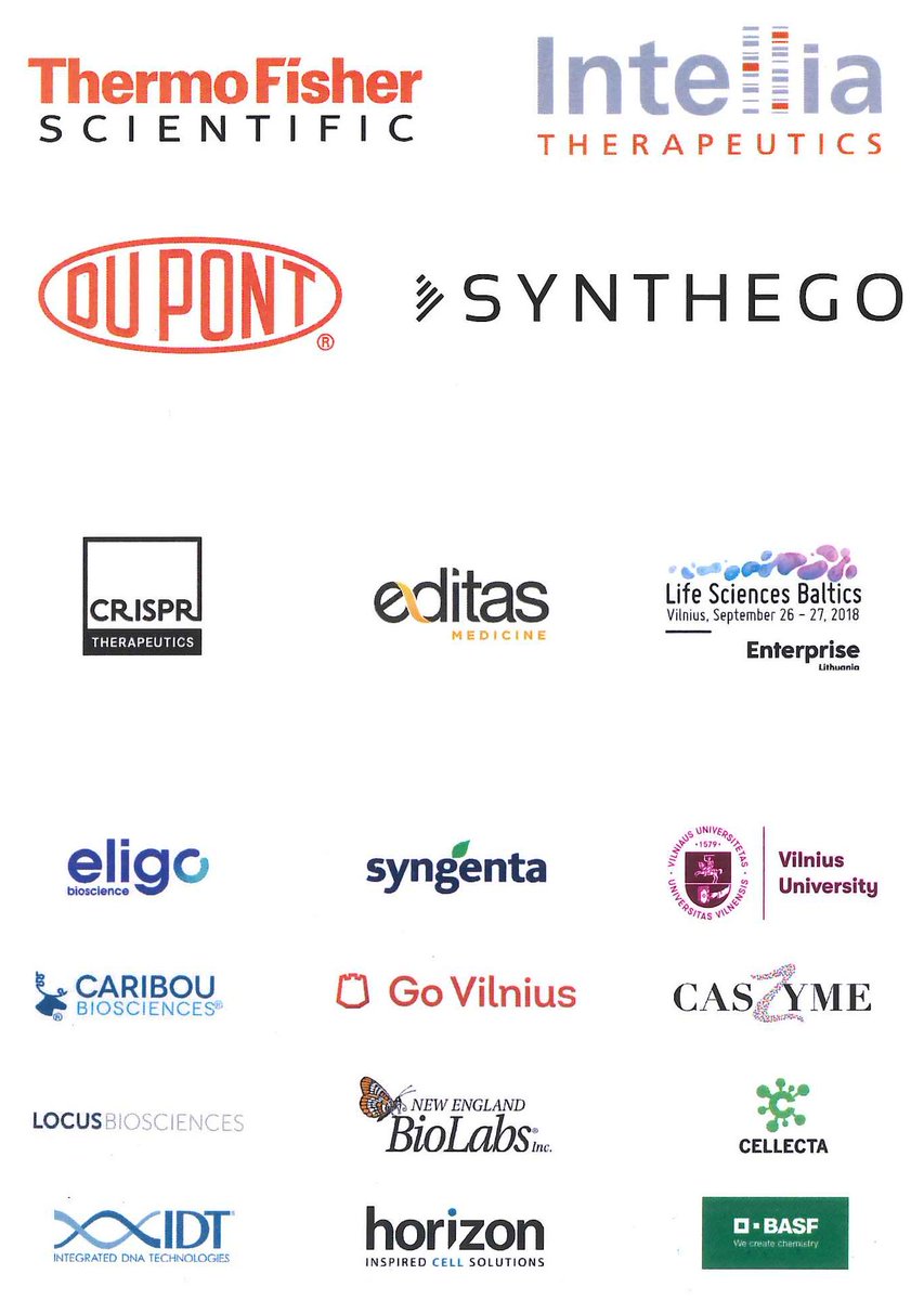 crispr2018's tweet photo. the 19 sponsors: @DuPont_News, @Synthego, @thermofisher, @intelliatweets, @CRISPRTX, @LSBForum, @editasmed, @EligoBio, @Syngenta, @VU_LT, @CaribouBio, CasZyme, @GoVilniusGo, @NEBiolabs, @LocusBio, @HorizonGenomics, @idtdna, @BASF, and @CELLECTA https://t.co/faQ7gPJFO6