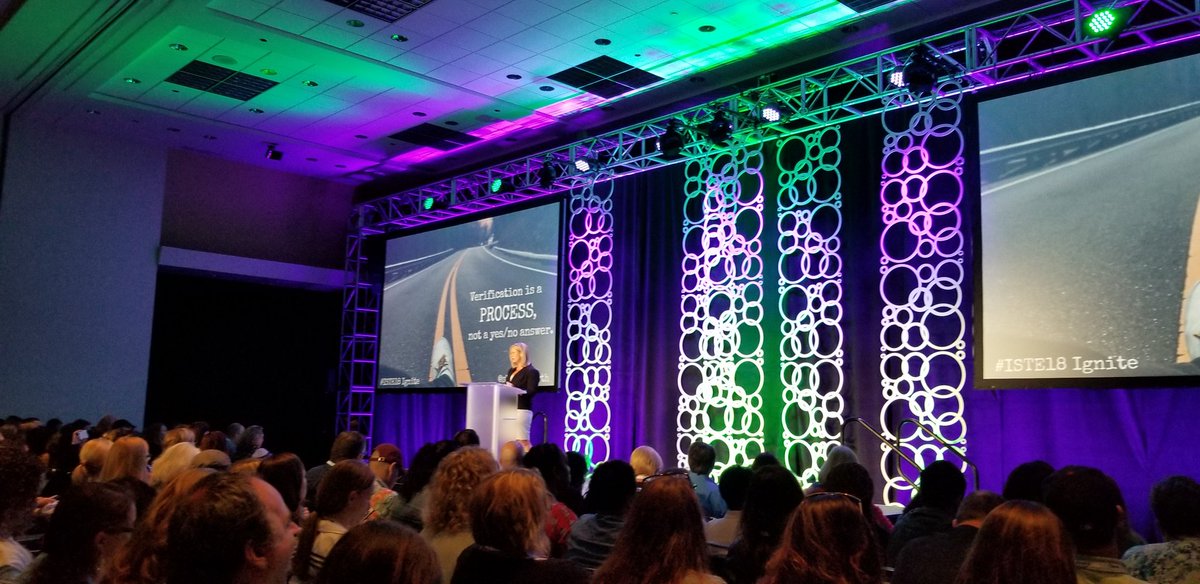 KyleHamstra's tweet photo. "Censorship is not the answer--Empowerment is! Verification is a process--Not a yes/no answer." @shfarnsworth inspires deep, critical thinking in this #isteignite. #iste18 https://t.co/euT6xF8hcQ