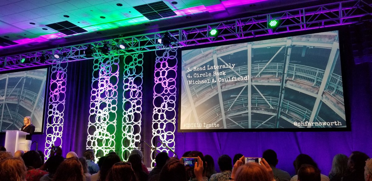 KyleHamstra's tweet photo. "Censorship is not the answer--Empowerment is! Verification is a process--Not a yes/no answer." @shfarnsworth inspires deep, critical thinking in this #isteignite. #iste18 https://t.co/euT6xF8hcQ