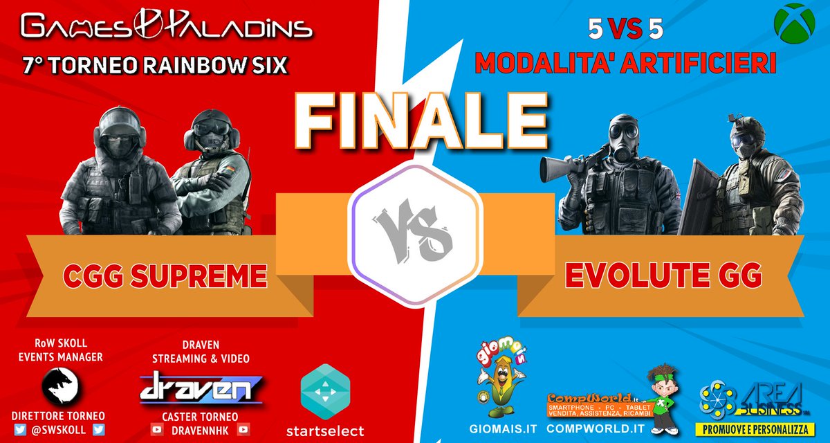 swskoll's tweet photo. Siamo giunti alla #fase #finale del #torneo di #RainbowSixSiege
By @GamesPaladinsIT il tutto sul #canale #YouTube di @DravenNHK https://t.co/yqNiv2pPl6
Oggi #25giugno si deciderà finalmente il #vincitore https://t.co/r5Q4kxnrZr