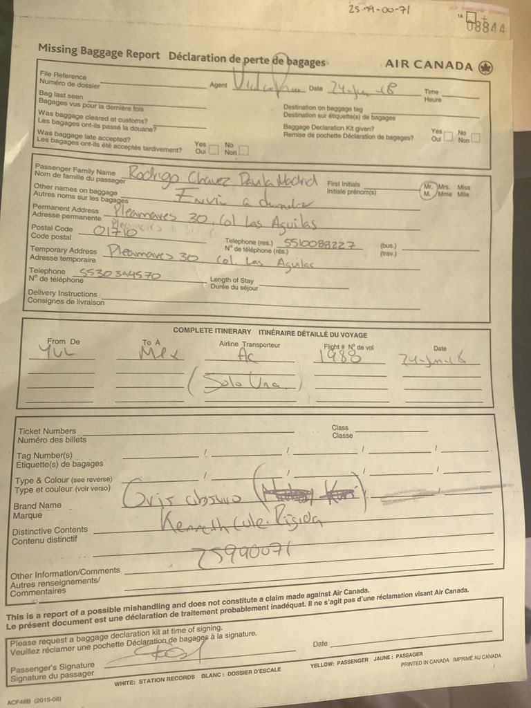 air canada lost baggage tracer