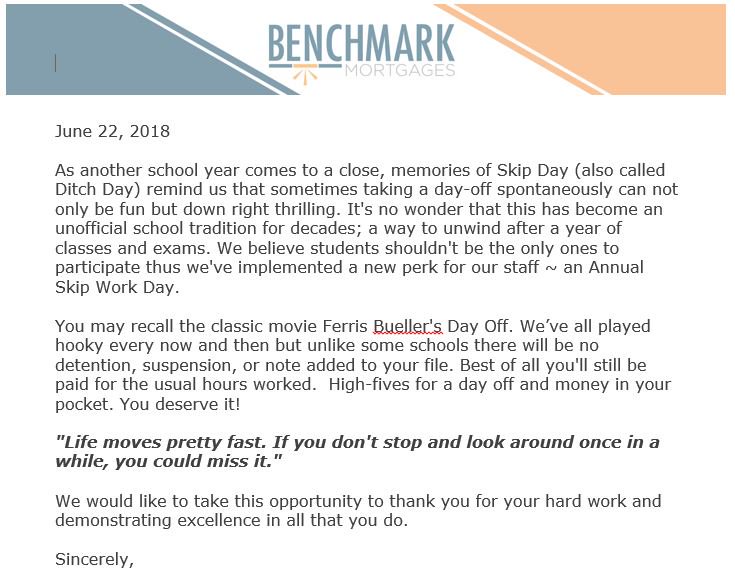 iamBrandonScott's tweet photo. One member of the @BenchmarkM team decided to call in and use their annual #SkipWorkDay pass. This Friday may be a good day to use mine #yeg #yegre #FerrisBuellersDayOff https://t.co/RFYOs1Otzq