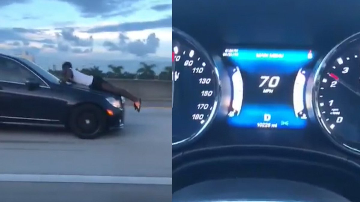 WATCH VIDEO Man caught riding hood of car speeding down I-95 in Miami bit.ly/2toIMC3?utm_so… https://t.co/doJDf3COQs