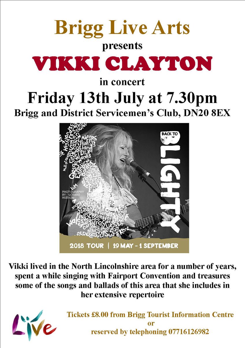 Friday 13th July concert
Vikki Clayton fabulous singer, guitarist who treasures some of the ballads and songs of the area that she includes in her extensive repertoire.
Brigg and District Servicemen’s Club, 7.30pm Tickets £8.00
Tel 07716126982 to reserve tickets
