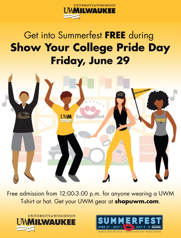 MKEPanthers's tweet photo. Panther fans, mark your calendars for Summerfest on the 29th! From 12:00pm - 3:00pm, anyone wearing a UWM t-shirt or hat will receive free admission!

Take a picture of yourself wearing Panther gear and use the hashtag #PantherSummerfest for a chance to win free prizes! https://t.co/lCLYNkEJCu