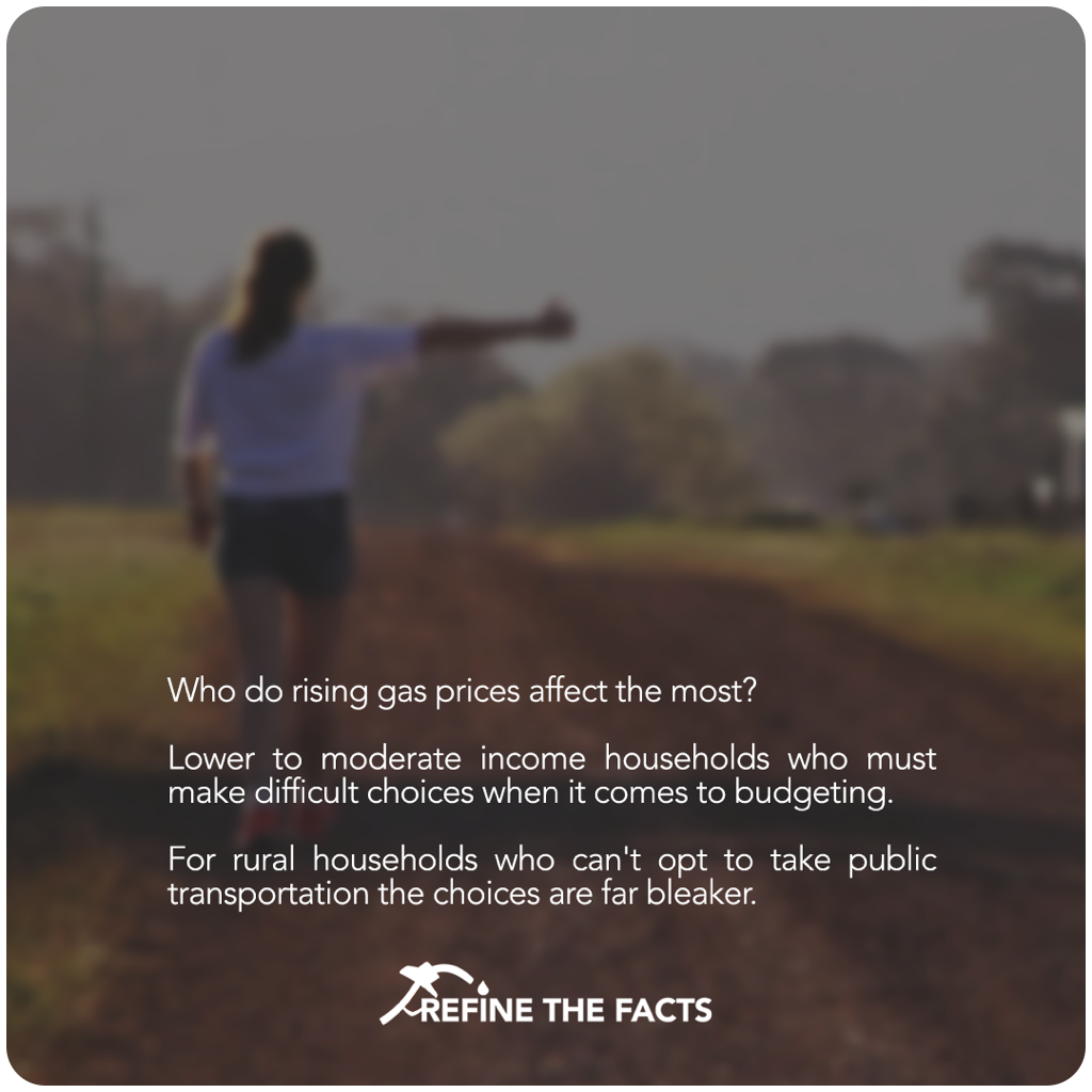 RefineTheFacts's tweet photo. Who do rising gas prices affect the most? Lower to moderate income households who must make difficult choices when it comes to budgeting. For rural households who can't opt to take public transportation the choices are far bleaker. #EmPowerConsumers #RefineTheFacts #ReformRFS https://t.co/1clYueHjM6
