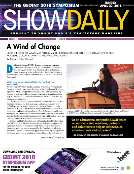 GEOINTsymposium's tweet photo. Looking for a good read? Enjoy in-depth recaps of all the action at #GEOINT2018 from @TrajectoryMag’s Show Daily, available online in PDF format. Start reading https://t.co/dhPcWWmBb9 https://t.co/8uqeTC4GWq