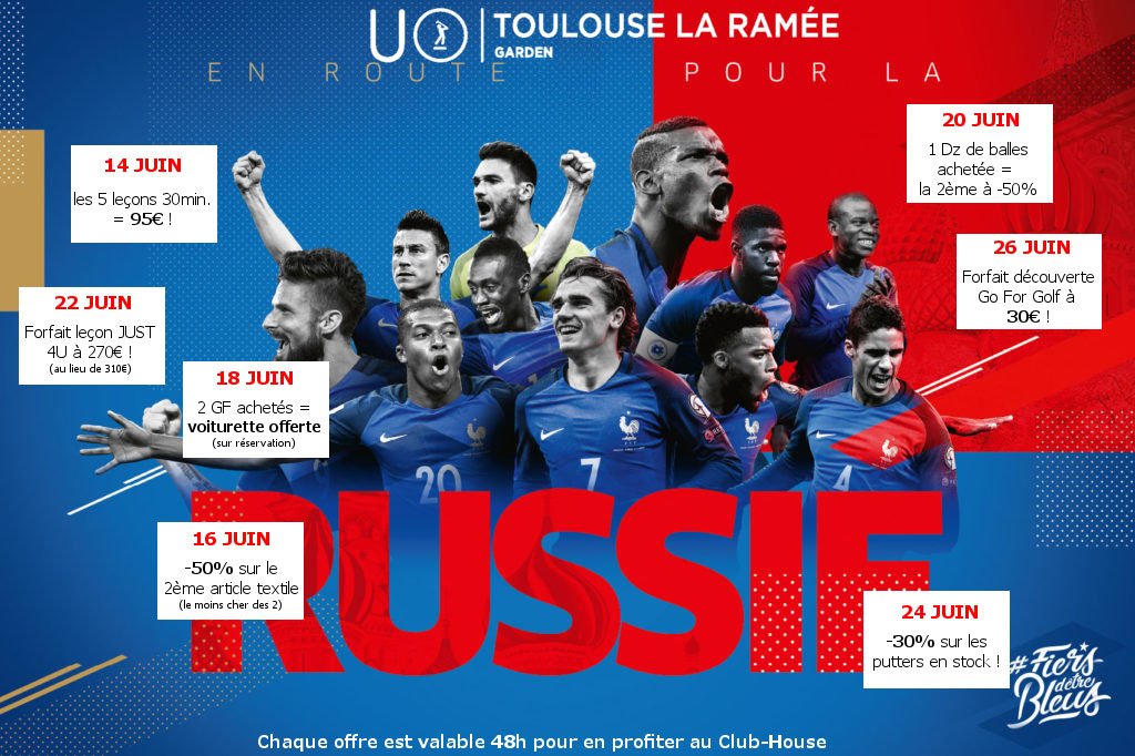 <a href="/Ugolflaramee/">UGOLF DE TOULOUSE LA RAMEE</a> vous propose dès ce soir son offre spéciale #CoupeDuMonde2018 pour le 26 juin. Le forfait découverte Go for #Golf à 30€
#48hours pour en profiter !

#AllezAllezAllez #AllezLesBleus #CDM18 #WorldCup #foot  #Golf