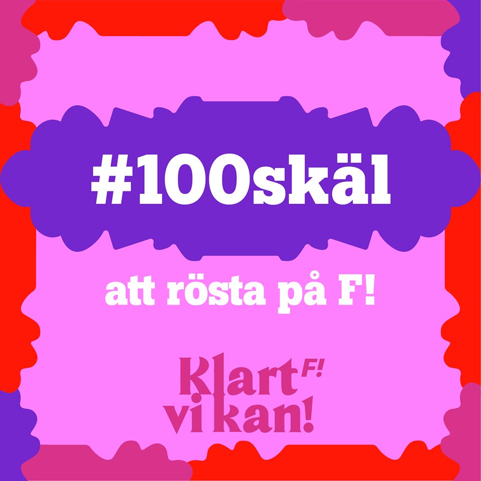 Pusselbakgrund i färgerna rosa, blå, orange och lilla. Texten 100 skäl att rösta på Fi. Klart vi kan! + Fi logga