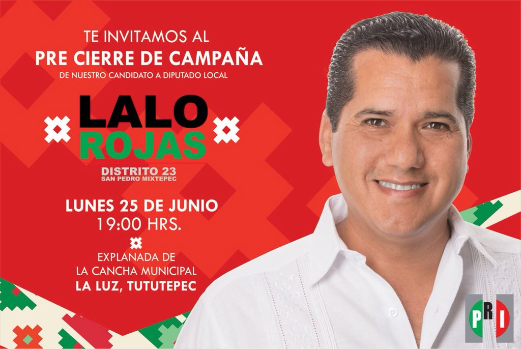 LaloRojas2016's tweet photo. Amigos y amigas, están cordialmente invitados a mi #PreCierre de Campaña en La Luz #Tututepec. ¡Acompáñame!
Tu amigo, Lalo Rojas.
#ElGalloDeLaCosta #ContigoOaxacaAvanza https://t.co/A7KY5By6D8