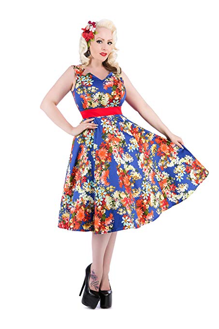 mod_and's tweet image. Hearts &amp;amp; Roses Emily Vintage Style Floral Swing Dress #heartsandroses #vintagestyle #retro #dress Orange, yellow, and light blue flowers contrasting with the red-banded waistline make the Emily Dress a standout. modandretro.com/hearts-roses-e…
