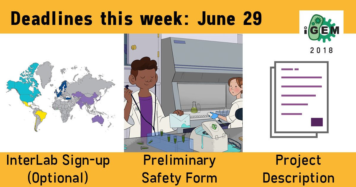iGEM's tweet image. There are three deadlines for teams coming up at the end of this week: #InterLab Study sign-up, Preliminary Safety Form, and Project Descriptions. See the official #iGEM2018 calendar for more information. 2018.igem.org/Calendar