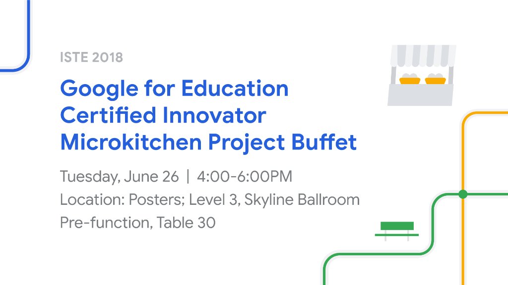 GoogleForEdu's tweet photo. Bring your appetite and your #GoogleEI questions to the Innovator Microkitchen Project Buffet at #ISTE18. Hear from Innovators and learn how you can join this global cohort of educators: https://t.co/IGADJBkejj https://t.co/dZSIBLh5JQ