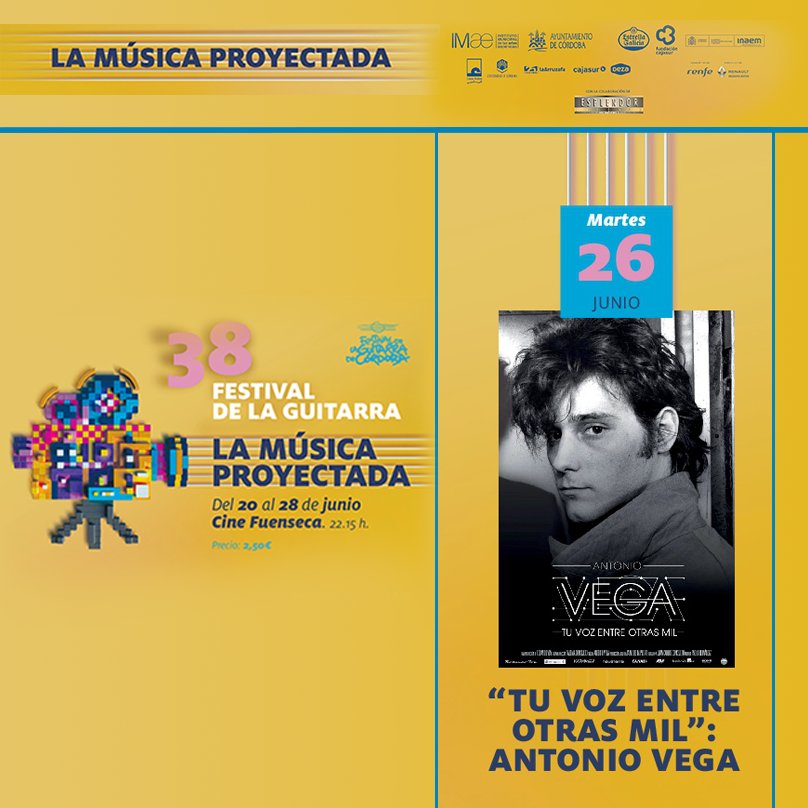 IMAECordoba's tweet photo. Mañana, 26 de junio, el #CineFuenseca proyecta el cuarto documental del ciclo "La música proyectada". En esta sesión conoceremos un retrato más íntimo y certero del cantante Antonio Vega con su película "Tu voz entre otras mil". Hora: 22.15. Precio: 2,50€ https://t.co/rSrDBDCjDP