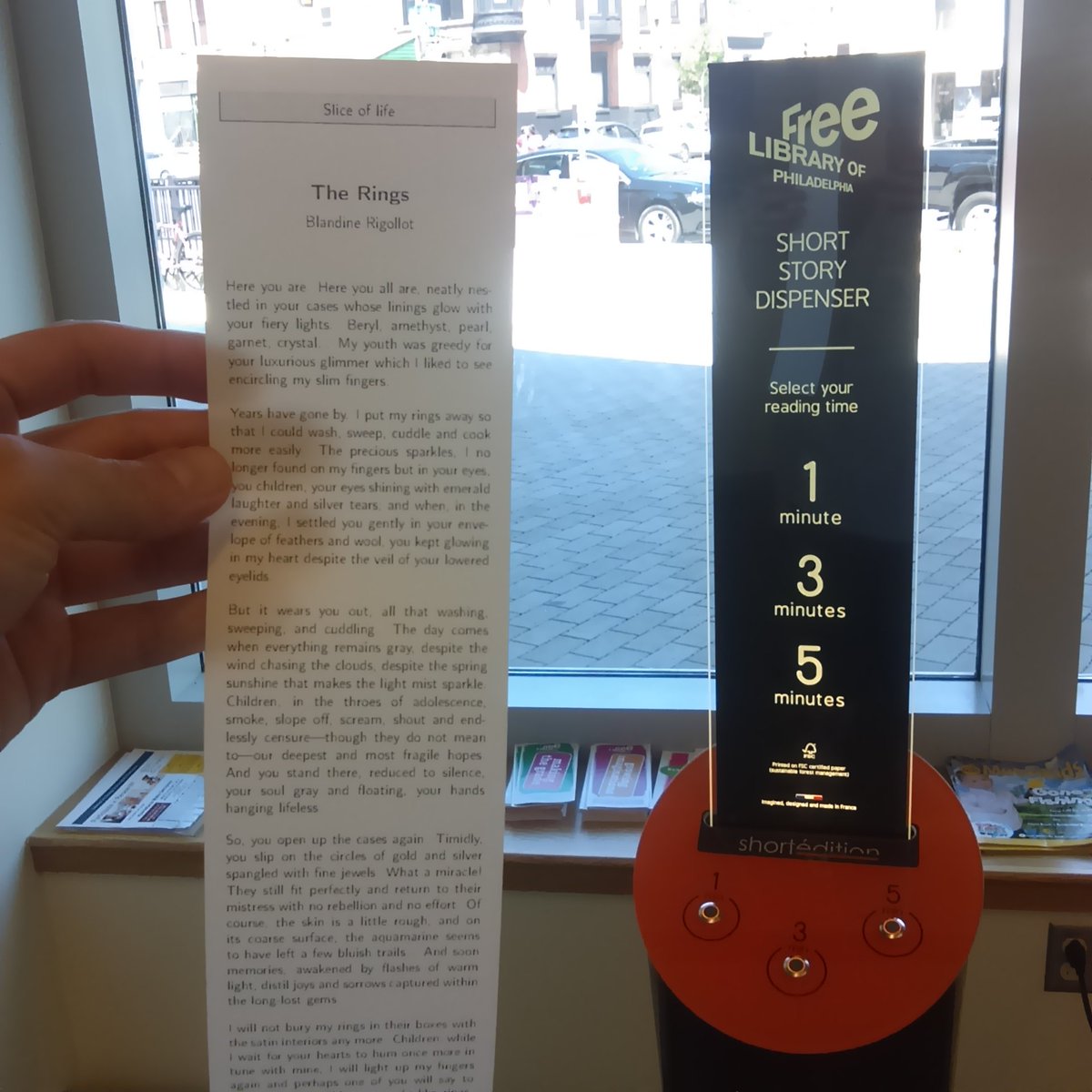 ZMentzer's tweet photo. The Short Story Dispenser has arrived at @SouthPhilaLIB. Thanks @FreeLibrary and @short_edition. https://t.co/RQUQtfkFkL