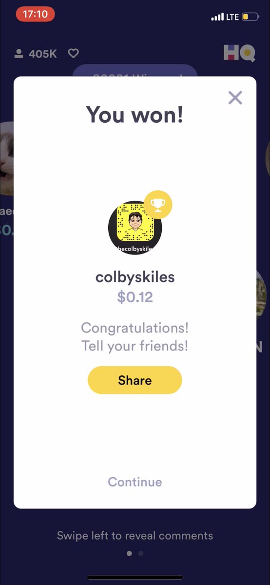 thecolbyskiles's tweet photo. I can’t even afford a gum ball with my winnings from @hqtrivia but it was my first time to win &amp; the adrenaline is flowing https://t.co/nYP91TMazy