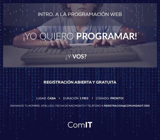 ComunidadITorg's tweet image. MITAD DE AÑO #CABA👇
INTRO a la #PROGRAMACIÓN
🅰️ Martes y jueves de 9 a 12hs. Inicio 3 de julio
🅱️ Miércoles y viernes de 19 a 22hs. Inicio 11 de julio
#MarketingDigital
Martes y jueves de 15 a 18hs Inicio 24 de julio
Inscribite en registracion@comunidadit.org 📧📧📧