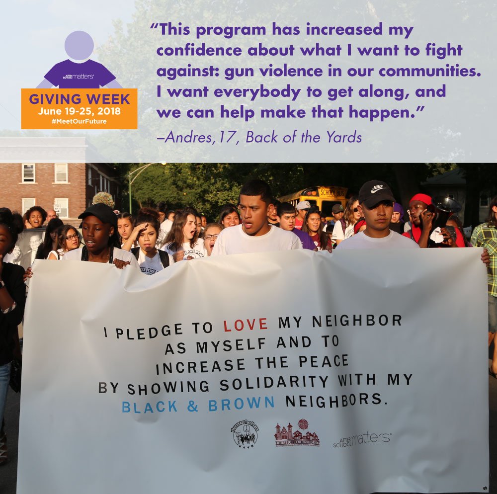 AftrSchoolMttrs's tweet photo. In 2017, there were 246 shooting victims under the age of 17 in Chicago. Teens like Andres &amp; Myra have used their program to bring peace to their communities. Join them in the fight against gun violence and give today at https://t.co/GEJotWukbK 
#MeetOurFuture #ItTakesACity https://t.co/PkKzklsve9
