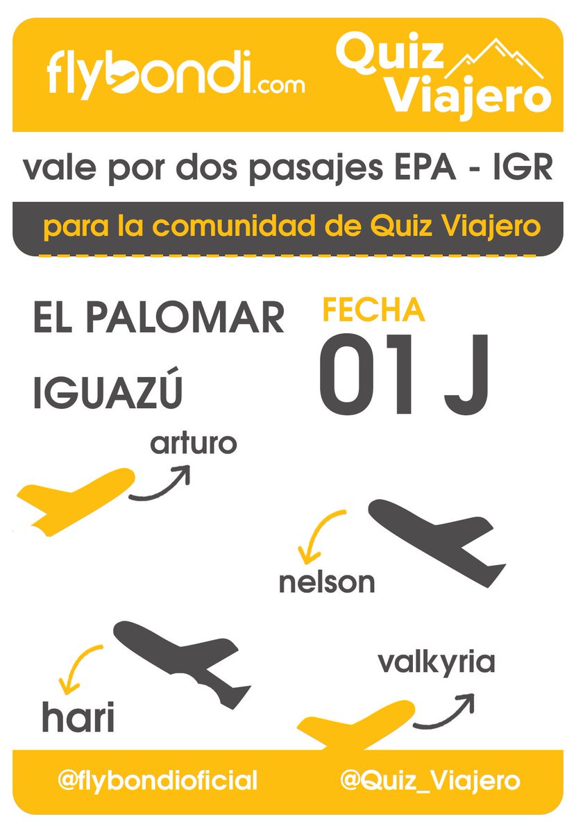 SÚPER SORTEO: 2 pasajes Ida y vuelta de Palomar a Iguazú para el vuelo inaugural de <a href="/flybondioficial/">flybondi</a> el próximo 1 de julio. Gracias <a href="/flybondioficial/">flybondi</a> por tanto 💛💛Para participar?
-RT a este tuit 
-ser seguidor de Flybondi y Quiz