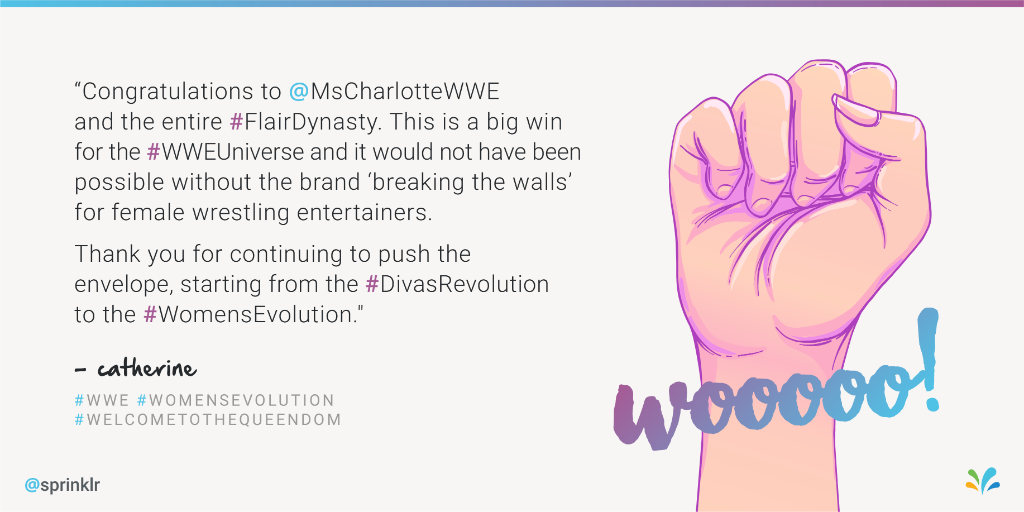 Sprinklr's tweet photo. @StephMcMahon @MsCharlotteWWE @WWE @espn Such a big moment for the WWE and Women's wrestling as a whole! This will bring more eyeballs and respect to the sport, which is more than deserved. Keep on winning Charlotte! 🙌🏿  #Body10 #ESPNBody
-David &amp; Catherine https://t.co/FUJHEGa4TD