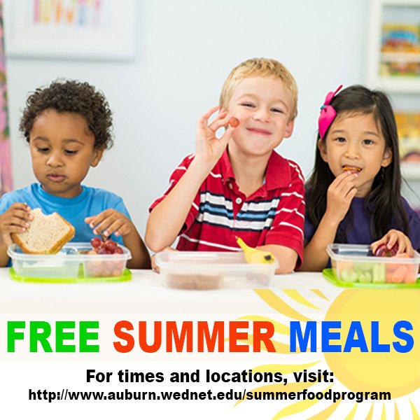 AuburnSD's tweet photo. The ASD summer food service program starts July 2 and runs through August 17. All children ages 1-18 are eligible for free summer meals. Visit https://t.co/YKyw66tDjk for times and locations. https://t.co/wlVpyEsNEN