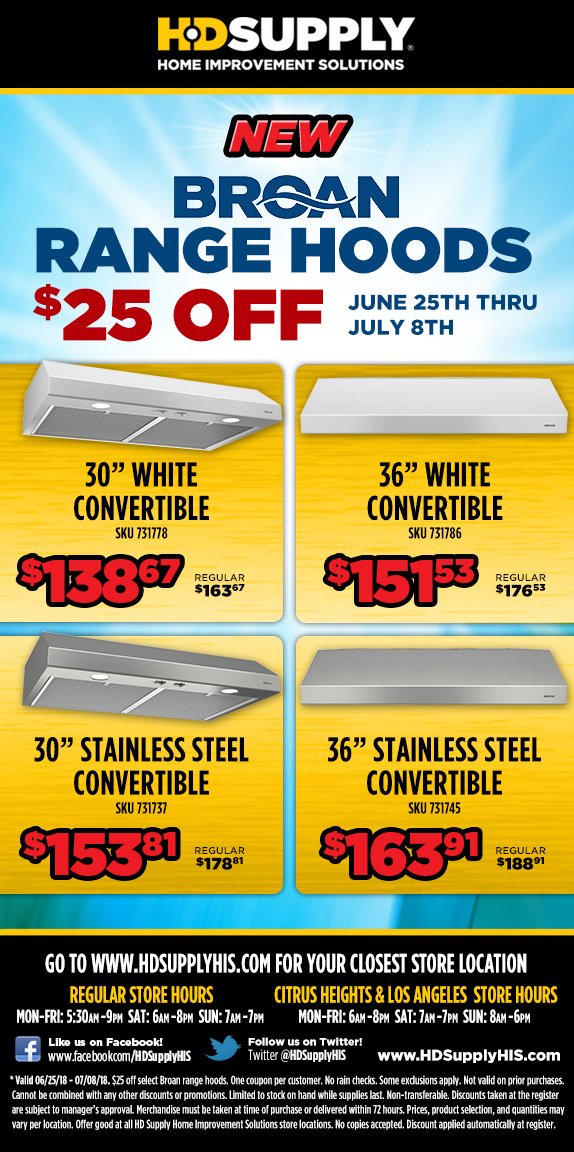 ContractorsWhs's tweet photo. Don't miss our @BroanNuTone Range Hood promotion -- get $25 off, now through the 8th!  See attached for details. #Broan #HDSupplyHIS https://t.co/tNetPF6rVE