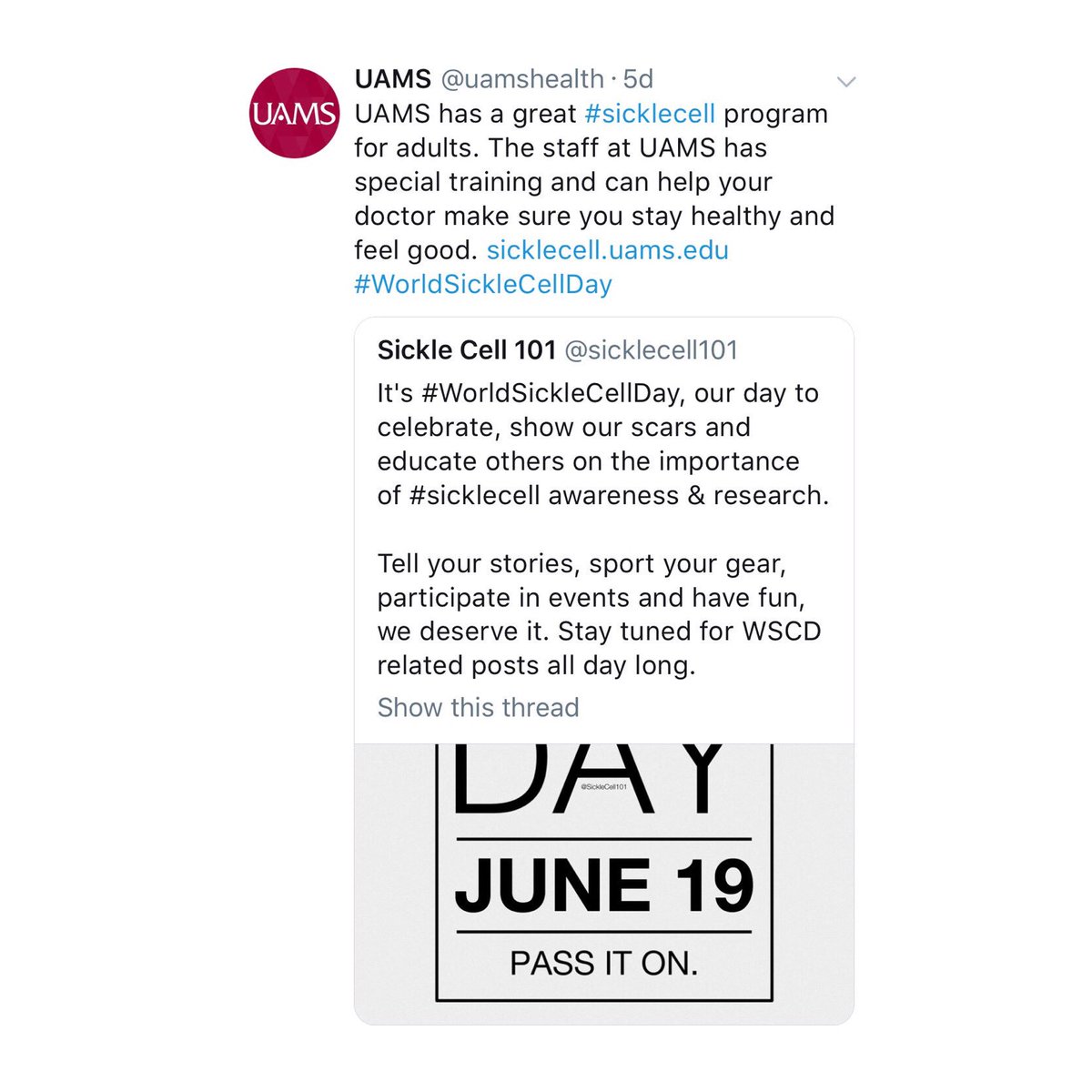 sicklecell101's tweet image. These influencers used their platform to raise awareness, support our #repostforsicklecell campaign and/or #WorldSickleCellDay. Huge thank you to @uamshealth  @WHURfm @GBT_news.

The #repostforsicklecell campaign received over 10.5k likes, comments, and shares. Thank you!