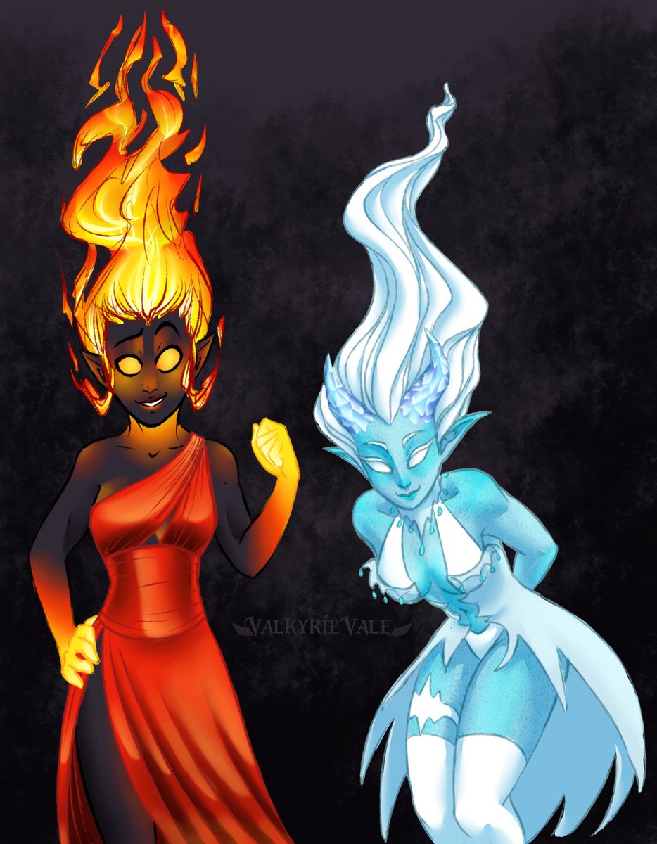 Fiammetta and an ice demon I made a while ago but didn't want to post by  herself #art #digital #digitalart #fire #ice #elemental #dnd  #dungeonsanddragons #fireelemental #sylph #nymph #monstergirls #firehair  #flaminghair #firegirl, image size:934x1200