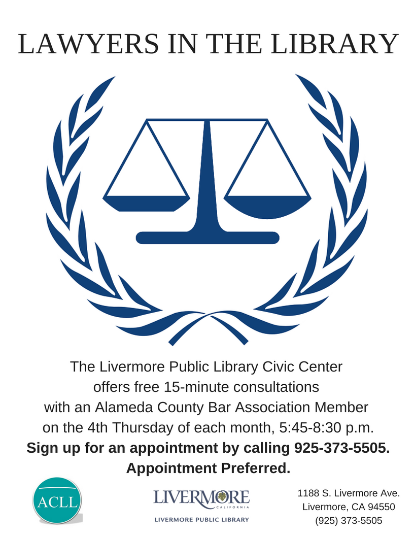 LivLibrary's tweet photo. Think you might have a legal problem? Schedule a FREE 15-minute consultation with a lawyer at the #Livermore Public Library, Civic Center this Thursday, 6/28. Call (925) 373-5505 for an appointment. #LawyersintheLibrary is a program of @AClawlibrary. https://t.co/2D8fbOCYEn