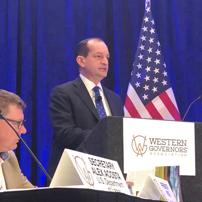 U.S. Secretary of Labor Alexander Acosta speaking at the Western Governors Association meeting in Rapid City, South Dakota.