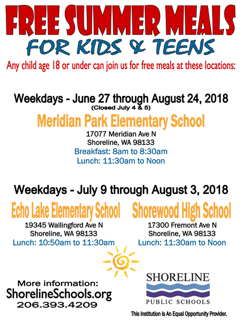 ShorelineK12's tweet photo. This summer, we will host FREE summer meals for children 18 and younger. The program is expanding to three sites this year. Lunch will be available at all three locations, but breakfast will be available at only Meridian Park Elementary. See flyer below for details 👇👇👇 https://t.co/MbO6MM7rwE