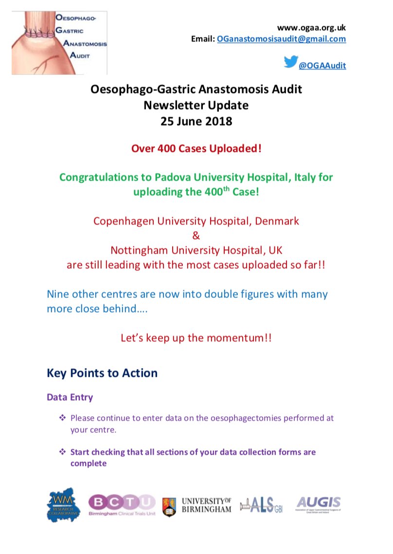 Over 400 cases now entered <a href="/OGAAudit/">OG Anastomosis Audit</a> ! Congratulations to Padova Hospital, Italy for entering the 400th case!! <a href="/WMRC_UK/">WMRC</a> <a href="/EwenGriffiths/">Ewen A Griffiths</a> <a href="/Pritam__Singh/">Pritam Singh</a> <a href="/RichardPTEvans/">Richard Evans</a> <a href="/ravinder_vohra/">Ravinder Vohra</a>