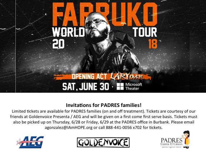 Dear PADRES families, we have a limited number of tickets to see <a href="/FarrukoOfficial/">.</a> this Saturday! Contact us for tickets by emailing agonzalez@iamhope.org or calling 888-441-0056 x702. Thank you to our friends at <a href="/golden/">Golden</a> <a href="/aeg/">Eiji Ito</a> #GoldenvoicePresenta!