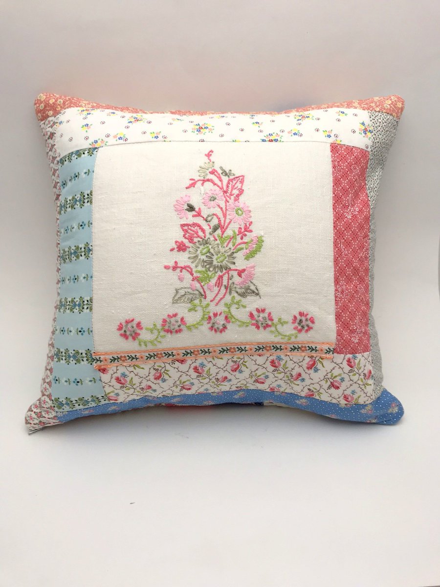 New to the shop: patchwork pillows made from vintage fabrics and embroideries. All stitched on my 1886 Singer treadle sewing machine! etsy.me/2ttVL5x #patchworkpillows #vintagefabric #handmade #upcycle #shabbychic #embroidery