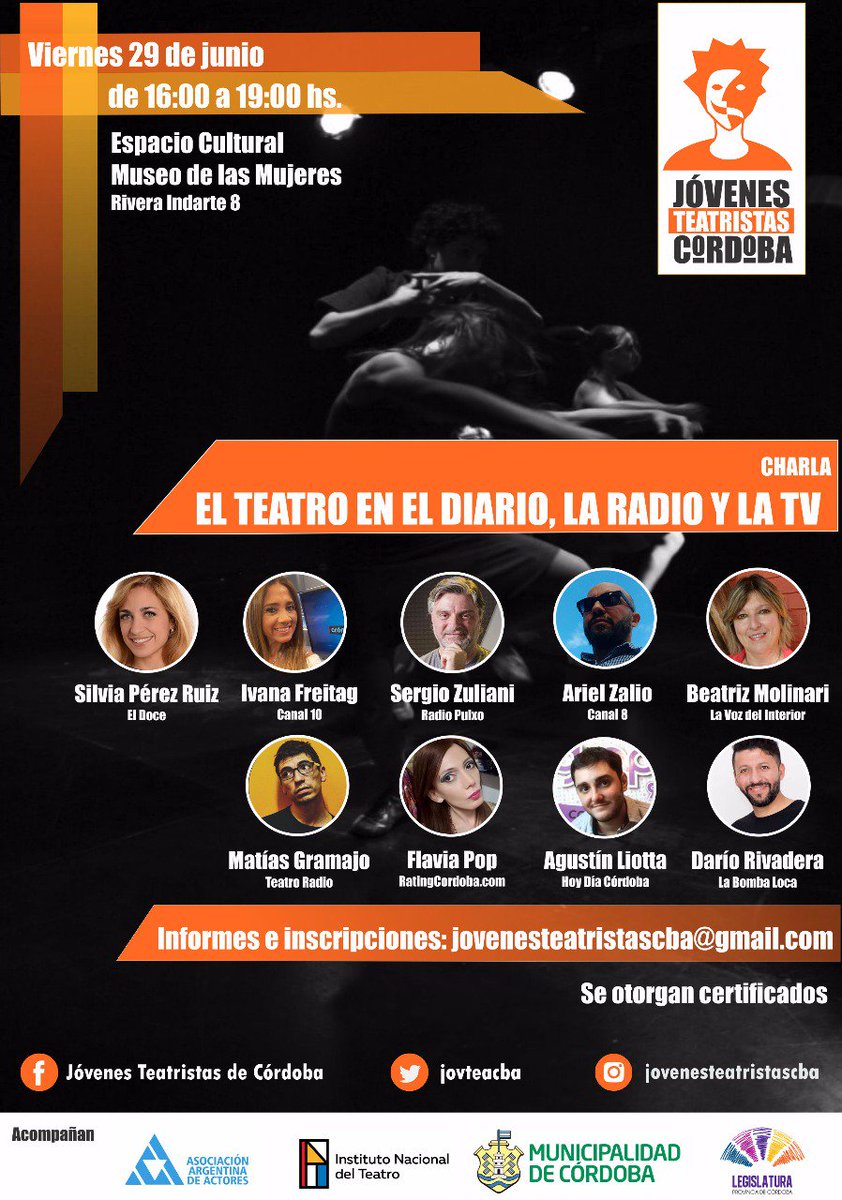 El teatro en el Diario, la Radio y la TV!
Últimos lugares!
Estarán con nosotros:
<a href="/silviaperezruiz/">Silvia Pérez Ruiz</a> 
<a href="/SerZuliani/">SergioZuliani</a> 
<a href="/arielzalio/">Ariel Zalio</a> 
<a href="/flaviapop_/">FLAVIA POP</a> 
<a href="/IvanaFreitag/">Ivana Freitag</a> 
Matías Alejandro
Agustín Liotta
Beatriz Molinari
Darío Rivadero