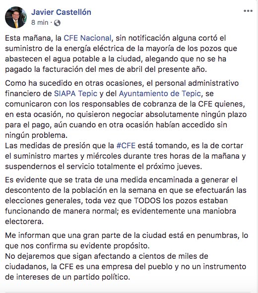 JavierCastellon's tweet image. Esta mañana, la @CFEmx, sin notificación alguna cortó el suministro de la energía eléctrica de la mayoría de los pozos que abastecen el agua potable @enTepic, alegando que no se ha pagado la facturación del mes de abril del presente año.