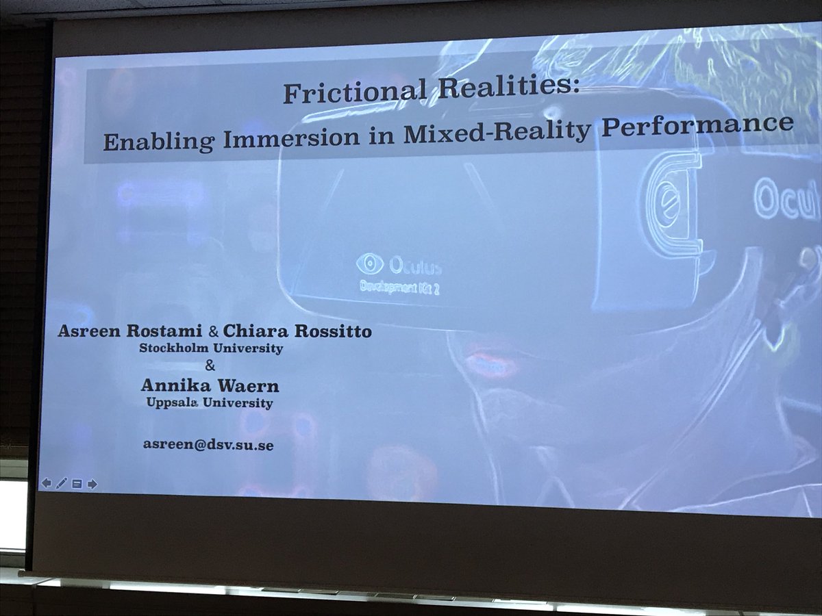 hkoenitz's tweet image. #acmtvx #vrworkshop @asreen talking about immersion in mixed reality. Reporting on a study of a migration-related MR project.