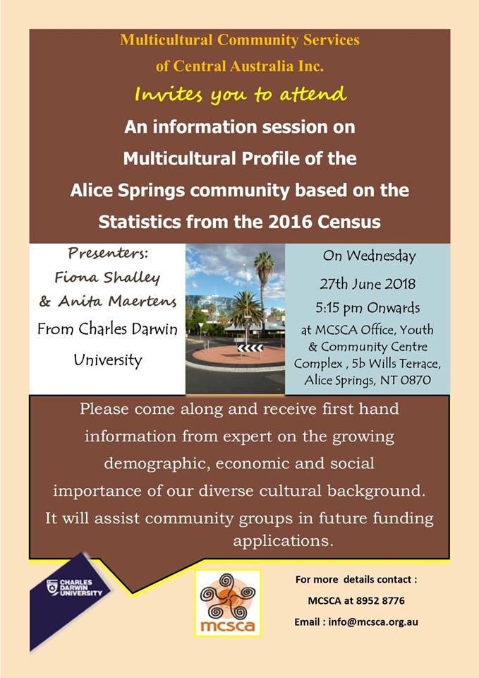 cdu_ni's tweet image. Info session: #Multicultural Profile of the #AliceSprings Community
with NI Demographers Fiona Shalley &amp;amp; Anita Maertens
Wed 27 June 515-715pm (tmrw)
#MCSCA Office, Alice Springs 
@damienjryan @alice_news @centraladvocate @robwick @RickHind @783Alicesprings @CDUmedia @CDUni