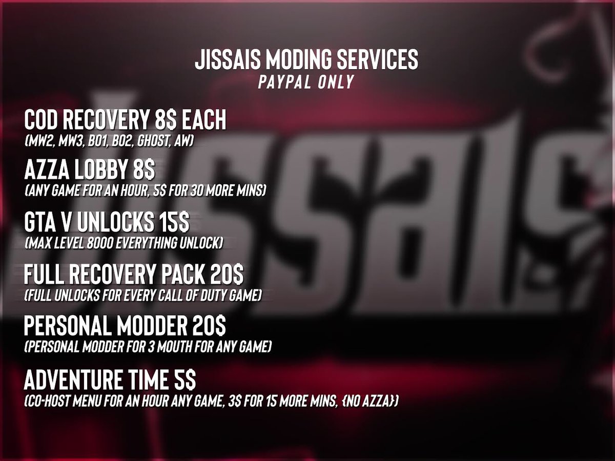 xJissais's tweet photo. Hit my Dm if u wanna purchase any mods #ps3 #mods #modz #hacks #ps3mods #modder #gta5 #ps3modder #unlocks #callofdutymods #ps3hacks #gtamodaccount #gtamods #codmodz #games #modsforps3 #modfoesale #modforsale #ps3modding https://t.co/35pyTwoOsK