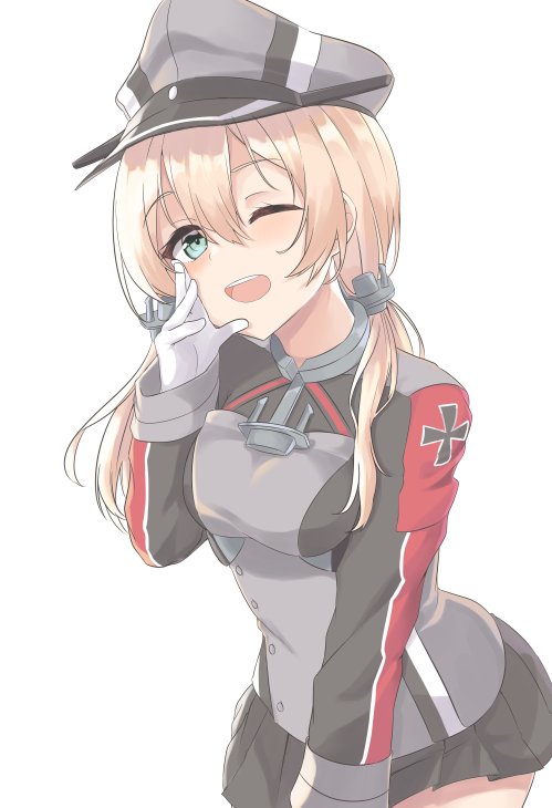 prinz eugen (kancolle) 1girl solo hat blonde hair peaked cap one eye closed skirt  illustration images